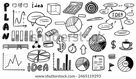 Business doodles hand drawn icons. Management infographic concept with financial business career development elements. Vector illustration EPS10