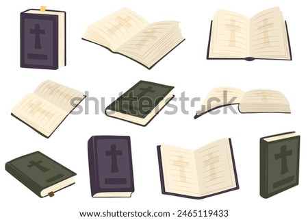 Christian Holy Bible Book. Vector illustrations depict a set of Holy Bible books that open, close, showing cover. Religious Text Containing Stories And Prophecies.