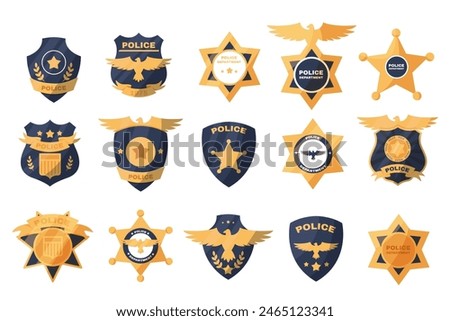 Police labels. Policeman law enforcement badges. Sheriff, marshal and ranger logo. Officer government badge. Policeman insignia vector simple patches set