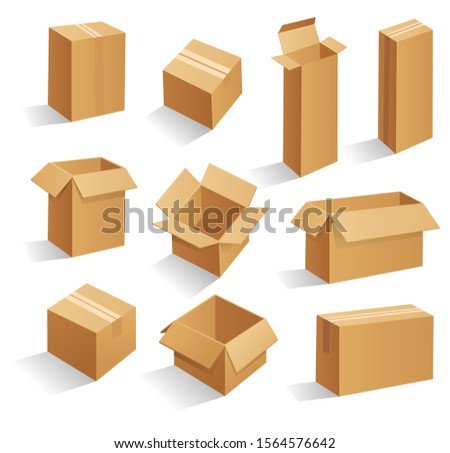 Set of blank brown cardboard packaging boxes. Can be use for medicine, food, cosmetic and other. Realistic illustration