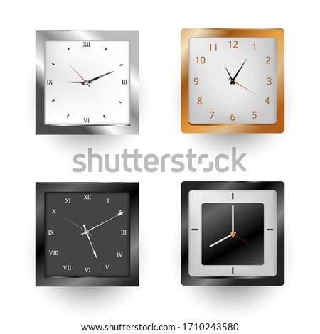 Realistic clock. Square and round metal and plastic office clocks. 