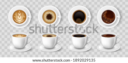 Realistic coffee cups. Black coffee, cappuccino, latte, espresso, macchiatto, mocha top and side view. Easy to edit realistic vector collection.
