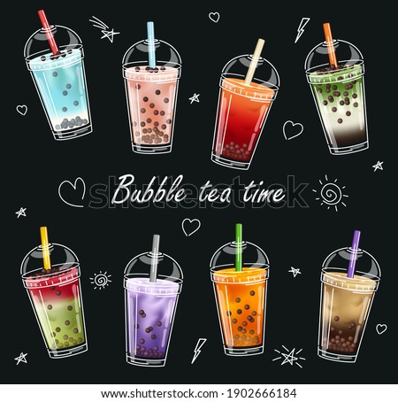 Bubble milk tea design collection. Beautiful hand drawn image in modern artistic style on a dark gray textured background.