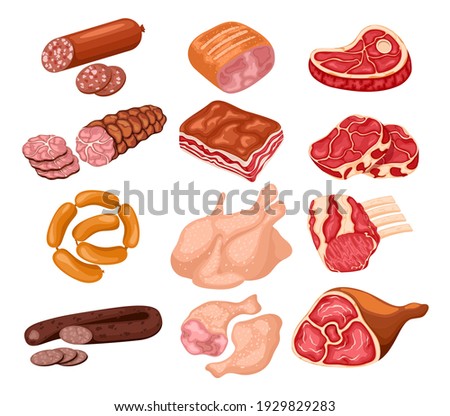Meat products set. Foods consist, contain pork, beef, lamb or chicken, animal product, market poster. Menu design in cartoon style. Stock fotó © 