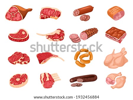 Different types of meat products set. Steak chicken, sausage and bacon, product ingredient illustration Stock fotó © 