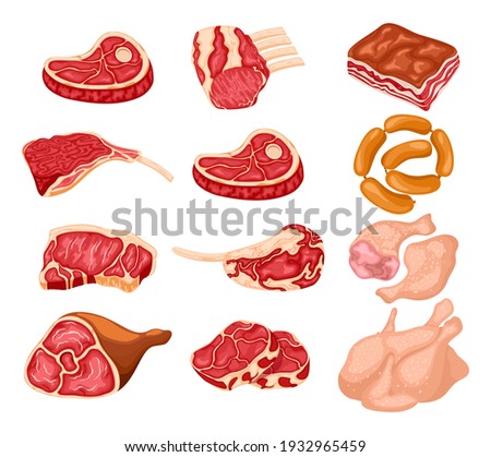 Cartoon meat set. Pork, beef and lamb raw meat products and sausages. Fresh meat food vector illustrations. Cooking farm ingredient, pig grill, butchery meal
