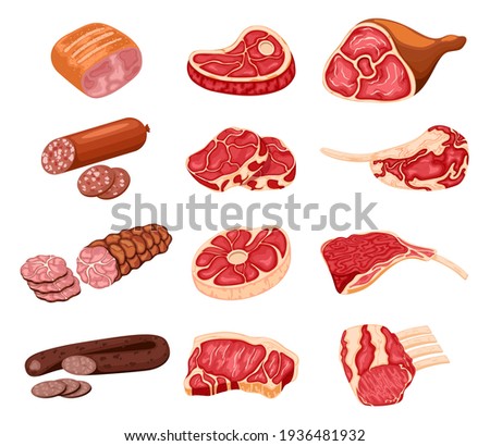 Meat products. Cartoon butchery shop food, chicken, beef steak, pork, prime rib, bacon slice and sausages. Stock fotó © 