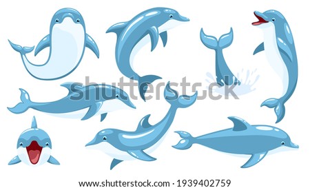 Set of cute dolphins. Cute blue dolphins set, dolphin jumping and performings tricks with ball for entertainment show