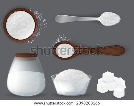 White sugar set with piles and cubes realistic. White grain sugar in spoon, pile top and side views. Sweet fructose seasoning vector set