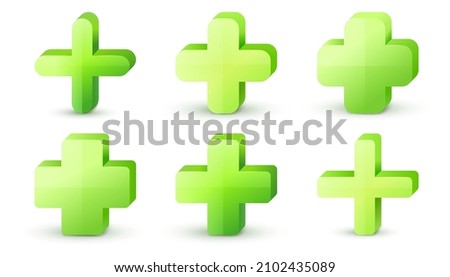 Green cross. Vector set. Cross symbol of safety guidance. Green plus sign