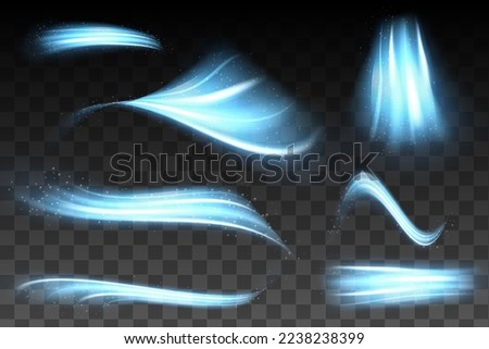 Abstract wind swirls with gold sparkles isolated. Vector realistic set of magic air vortex, light twirls with particles. Design element of fresh and clean