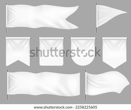 Realistic banner flags. 3D white blank textile signs and waving fabric for advertising. Realistic blank white fabric signs mockup for advertising, outdoor exhibition cotton waving flags