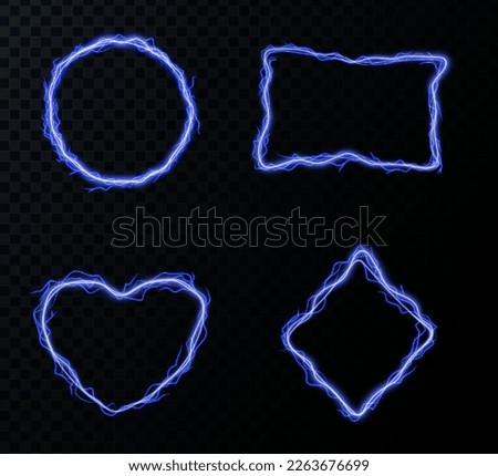 Electric lightning frames in shape of circle, heart. rectangle and rhombus. Rectangle, square and circle borders with green thunderbolt strikes and neon glowing isolated