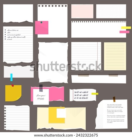 Paper notes, stickers, sticky sheets and tape. Blank notepaper of meeting reminder, to do list and office notice or information board with appointment notes.