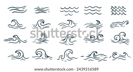 Set of line water waves. Icon set with simple doodle wave. Water logo, symbol vector collection.