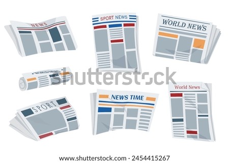 Folded newspapers. Modern news publications. Newspaper icons set. Periodical printing products, daily news and sport, food and medicine, business information, latest press.