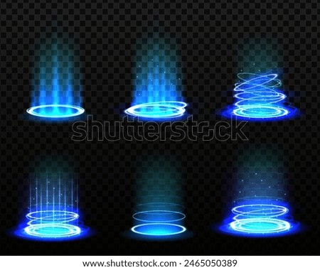 Level up effect. Realistic teleportation portal. Teleportation process game effect, futuristic lighting and bright wrap aura. Energy circles and rays on black background.