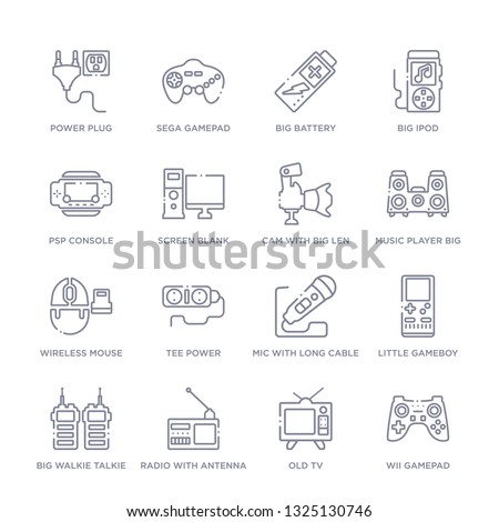set of 16 thin linear icons such as wii gamepad, old tv, radio with antenna, big walkie talkie, little gameboy, mic with long cable, tee power from technology collection on white background, outline