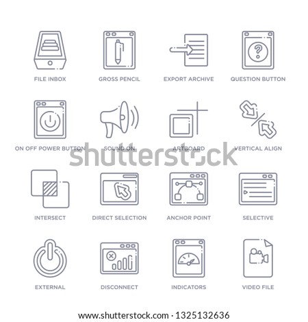 set of 16 thin linear icons such as video file, indicators, disconnect, external, selective, anchor point, direct selection from user interface collection on white background, outline sign icons or
