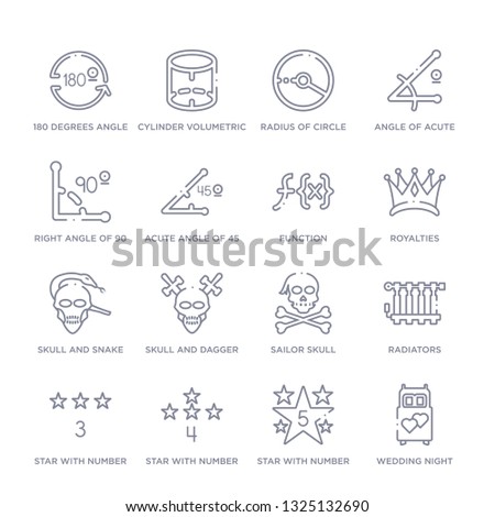 set of 16 thin linear icons such as wedding night, star with number five, star with number four, star with number three, radiators, sailor skull, skull and dagger from shapes collection on white