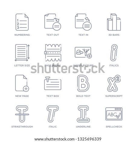 set of 16 thin linear icons such as spellcheck, underline, italic, strikethrough, superscript, bold text, text box from user interface collection on white background, outline sign icons or symbols