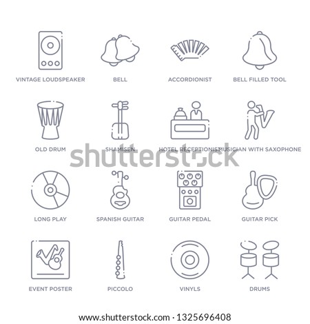 set of 16 thin linear icons such as drums, vinyls, piccolo, event poster, guitar pick, guitar pedal, spanish guitar from music collection on white background, outline sign icons or symbols