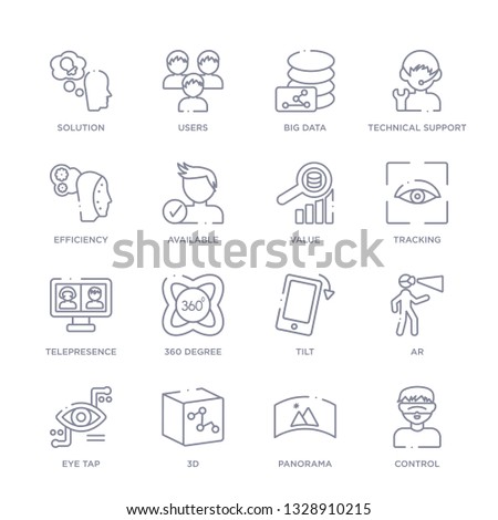 set of 16 thin linear icons such as control, panorama, 3d, eye tap, ar, tilt, 360 degree from artifical intelligence collection on white background, outline sign icons or symbols