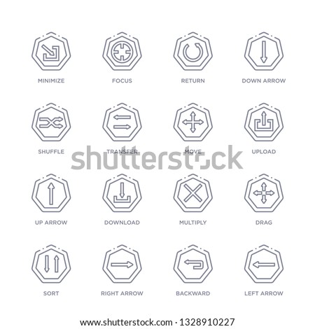 set of 16 thin linear icons such as left arrow, backward, right arrow, sort, drag, multiply, download from arrows collection on white background, outline sign icons or symbols