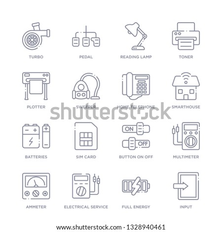 set of 16 thin linear icons such as input, full energy, electrical service, ammeter, multimeter, button on off, sim card from electronics collection on white background, outline sign icons or
