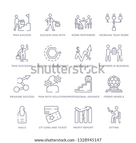 set of 16 thin linear icons such as sitting, profit report, cit card and ticket, nails, ferris wheels, professional advance, man with solutions from business collection on white background, outline