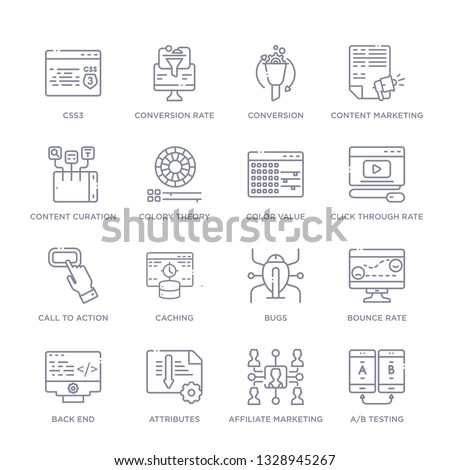 set of 16 thin linear icons such as a/b testing, affiliate marketing, attributes, back end, bounce rate, bugs, caching from technology collection on white background, outline sign icons or symbols