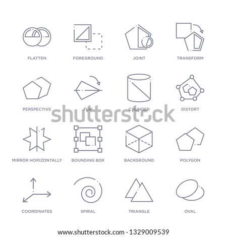 set of 16 thin linear icons such as oval, triangle, spiral, coordinates, polygon, background, bounding box from geometric figure collection on white background, outline sign icons or symbols