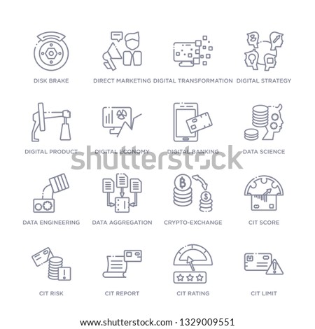 set of 16 thin linear icons such as cit limit, cit rating, cit report, risk, score, crypto-exchange, data aggregation from general collection on white background, outline sign icons or symbols