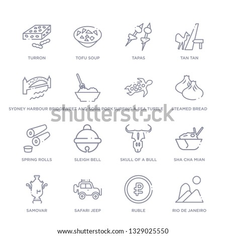 set of 16 thin linear icons such as rio de janeiro, ruble, safari jeep, samovar, sha cha mian, skull of a bull, sleigh bell from culture collection on white background, outline sign icons or symbols