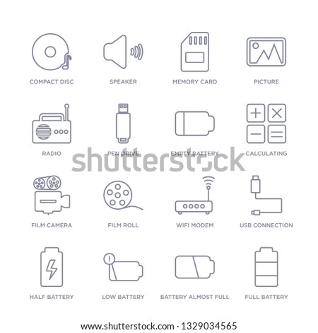 set of 16 thin linear icons such as full battery, battery almost full, low battery, half battery, usb connection, wifi modem, film roll from electronic stuff fill collection on white background,