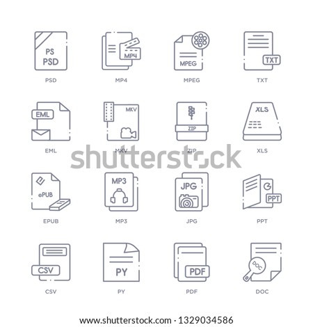 set of 16 thin linear icons such as doc, pdf, py, csv, ppt, jpg, mp3 from file type collection on white background, outline sign icons or symbols