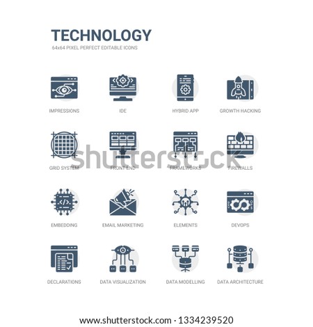 simple set of icons such as data architecture, data modelling, data visualization, declarations, devops, elements, email marketing, embedding, firewalls, frameworks. related technology icons