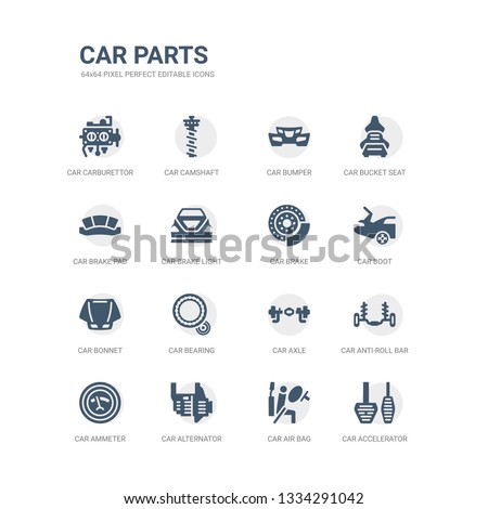 simple set of icons such as car accelerator, car air bag, car alternator, ammeter, anti-roll bar, axle, bearing, bonnet, boot, brake. related parts icons collection. editable 64x64 pixel perfect.