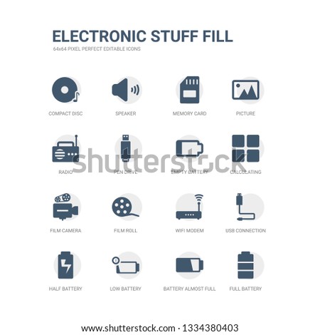 simple set of icons such as full battery, battery almost full, low battery, half usb connection, wifi modem, film roll, film camera, calculating, empty related electronic stuff fill icons