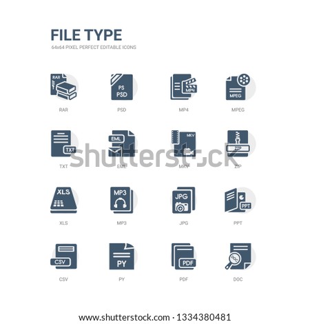 simple set of icons such as doc, pdf, py, csv, ppt, jpg, mp3, xls, zip, mkv. related file type icons collection. editable 64x64 pixel perfect.