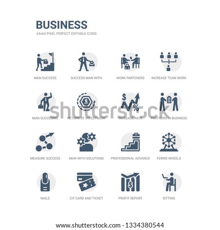 simple set of icons such as sitting, profit report, cit card and ticket, nails, ferris wheels, professional advance, man with solutions, measure success, partners in business, increase rate. related