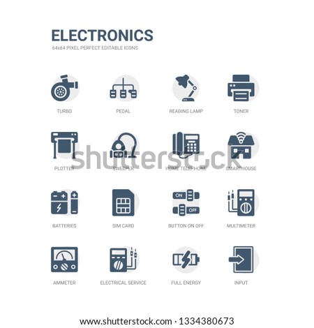simple set of icons such as input, full energy, electrical service, ammeter, multimeter, button on off, sim card, batteries, smarthouse, home telephone. related electronics icons collection.