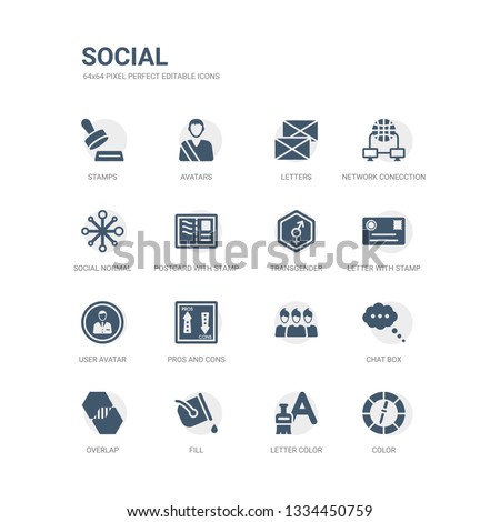 simple set of icons such as color, letter color, fill, overlap, chat box,  , pros and cons, user avatar, letter with stamp, transgender. related social icons collection. editable 64x64 pixel