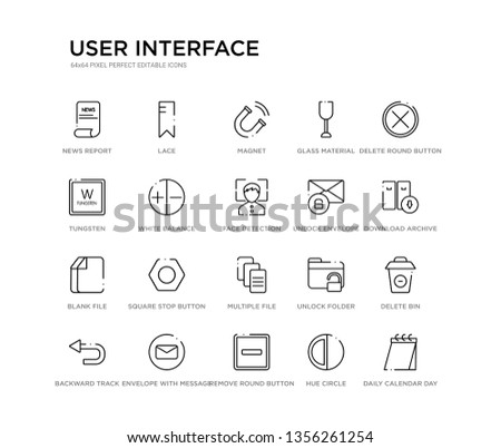 set of 20 line icons such as multiple file, square stop button, blank file, unlock envelope, face detection, white balance, tungsten, glass material, magnet, lace. user interface outline thin icons