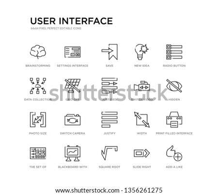 set of 20 line icons such as justify, switch camera, photo size, switch video, justified, grid off, data collection, new idea, save, settings interface. user interface outline thin icons collection.