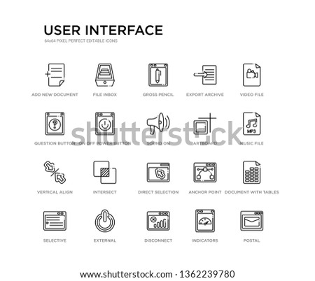 set of 20 line icons such as direct selection, intersect, vertical align, artboard, sound on, on off power button, question button, export archive, gross pencil, file inbox. user interface outline