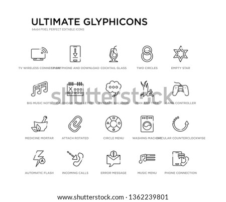 set of 20 line icons such as circle menu, attach rotated, medicine mortar, man and tree, message balloon, calendar with letter x, big music note, two circles, cocktail glass, smartphone and download