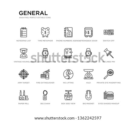 set of 20 line icons such as no lifting, fire extinguisher, arm target, circular watch, work agenda, classic wristwatch, vintage hourglass, strongbox door, phone numbers agenda, time metaphor.