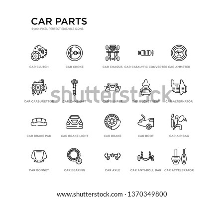 set of 20 line icons such as car brake, car brake light, car brake pad, bucket seat, bumper, camshaft, carburettor, catalytic converter, chassis, choke. parts outline thin icons collection. editable