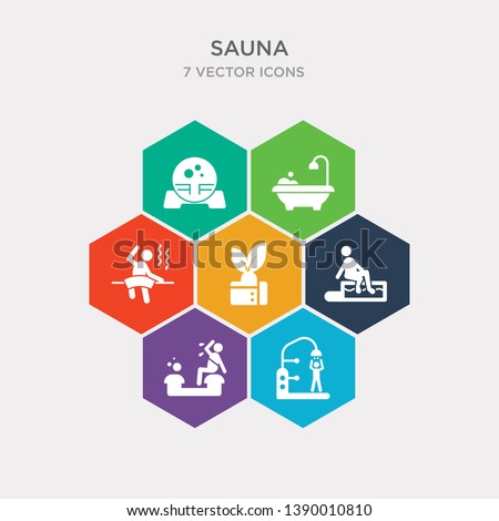 simple set of dousing shower, earth sauna, foot bath, fresh air supply icons, contains such as icons sauna, hamam, hemlock and more. 64x64 pixel perfect. infographics vector